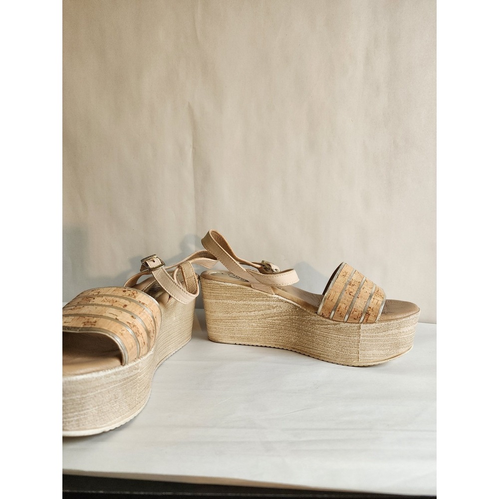 Cordani Metallic Cork Platform Wedge Sandals Tan Leather Made in Italy Size 38